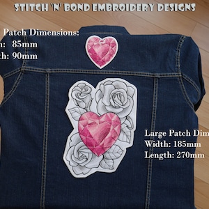 May include: Two embroidered patches featuring a pink heart with a diamond pattern. The smaller patch is a heart only, while the larger patch features the heart with three white roses. The text "Small Patch Dimensions: Width: 85mm Length: 90mm" and "Large Patch Dimensions Width: 185mm Length: 270mm" is visible on the denim jacket.