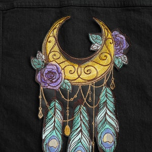 Magical Moon and Feathers  Iron on Embroidery Patch
