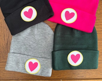 Knit Beanie with Artsy Woven Heart Patch - 4 colors