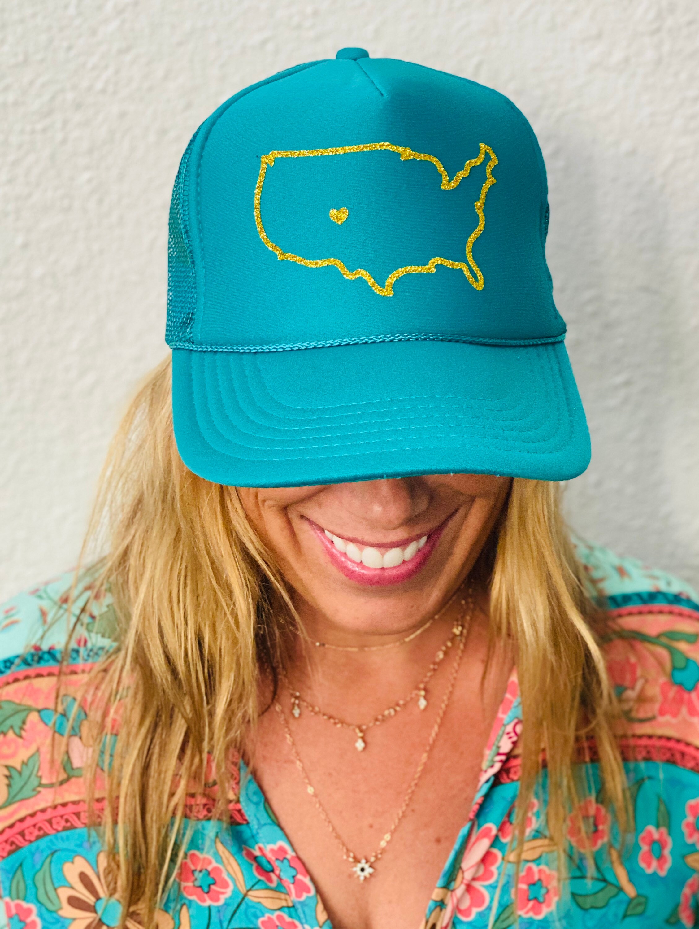 CO LOVE Teal and Gold Trucker | Etsy