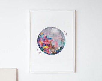 Disco Ball Art Print | Digital Download Art | Mirror Ball | Mirror Ball Illustration | Rainbow Disco Ball | Disco Illustration | Wall Art