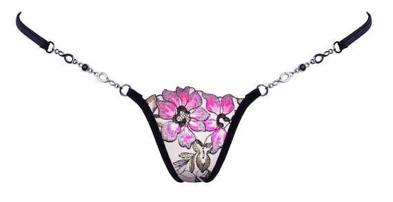 Luxury Mini V-string Garden of Love in Black by Lucky Cheeks