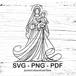 SVG - PNG - PDF files for printing, cutting or laser engraving of the standing silhouette of the Virgin Mary with Baby Jesus in her arms.