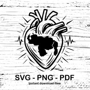 Silhouette d'un coeur battant vénézuélien avec la carte du Venezuela (SVG - PNG - Fichiers numériques PDF à imprimer, découper ou graver)