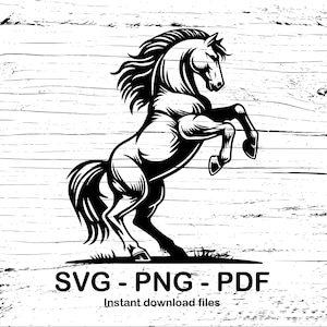 Fichiers SVG - PNG - PDF pour l'impression, la découpe ou la gravure au laser de l'image d'un cheval fort debout sur ses deux pattes arrière.