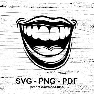 May include: Black and white illustration of a wide open mouth with teeth and a tongue sticking out. The image is on a woodgrain background.