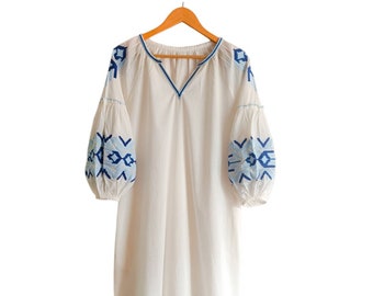 Hawaiian Summer Dress- Ivory/Blue