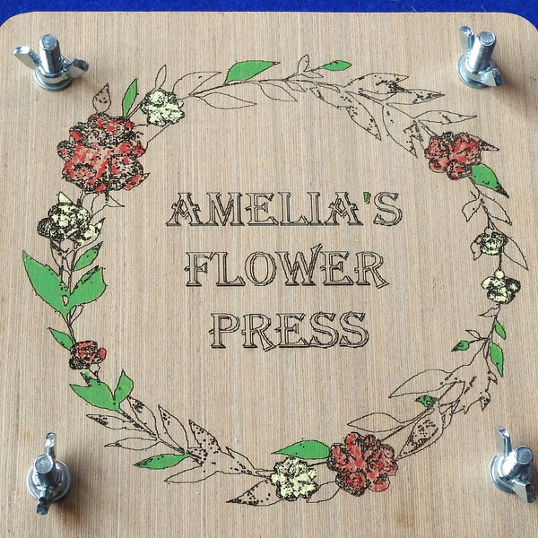 Bespoke flower press with personalised name or phrase for pressing wild garden flowers & plants.