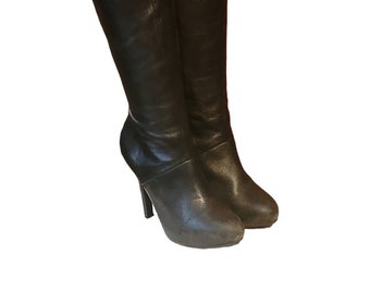 Vintage Women Leather Black Tall Boots By ME Too Size 7M/ Women Zipper Boots/ Women Almond Toe Boots