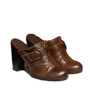 Women Vintage Leather Brown Chunky High Heel Mules By Born Concept Size 8 US/EU39/Women Slip On Shoes/ Women Close Toe Mules