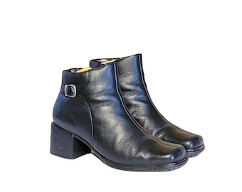 Vintage Leather Ankle Boots, Black Heeled Booties, Women's Size 8.5