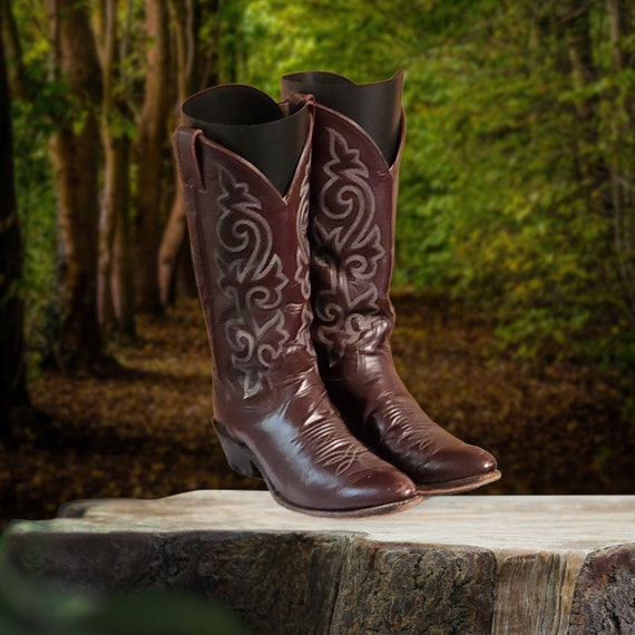 Men Vintage Leather Burgundy Cowboy Boots By Justi