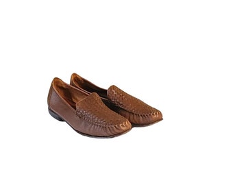 Women Vintage Leather Brown Woven Loafers By Cole Haan Size 8.5AA/Women Designer Loafers/ Women Slip On Shoes