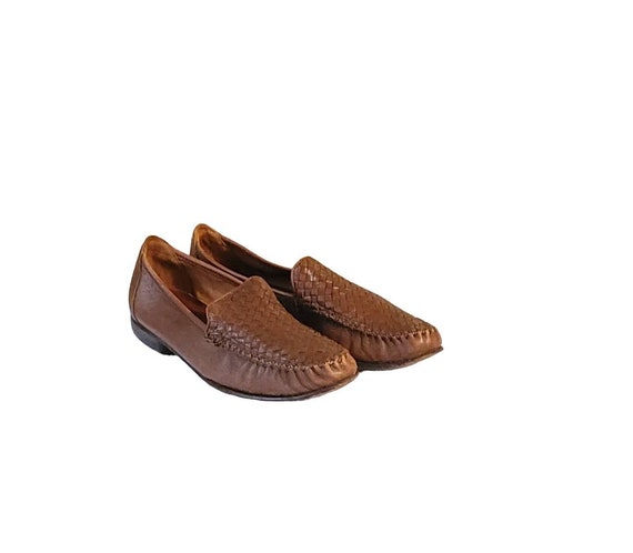 Women Vintage Leather Brown Woven Loafers By Cole… - image 1