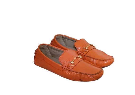 Women Vintage Leather Orange Loafers by 