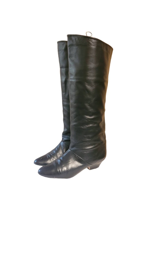 Women Vintage Leather Black Pirate Cut Tall Boots… - image 2