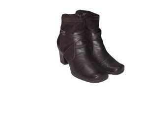Botines vintage de piel marrón, detalle de tela, tacón cuadrado (talla 7 M)