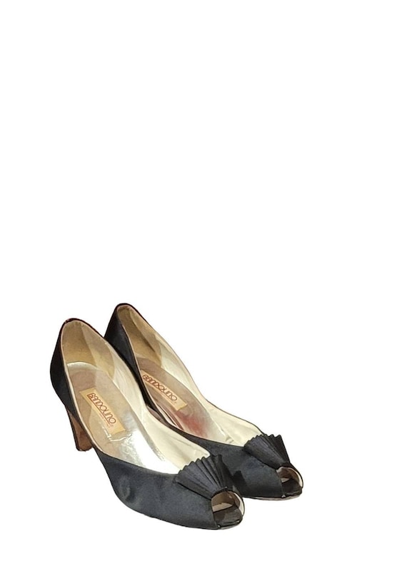 Women Vintage Satin Black Peep Toe Pumps By Bandol