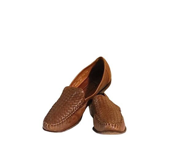 Women Vintage Leather Brown Woven Loafers By Cole… - image 4