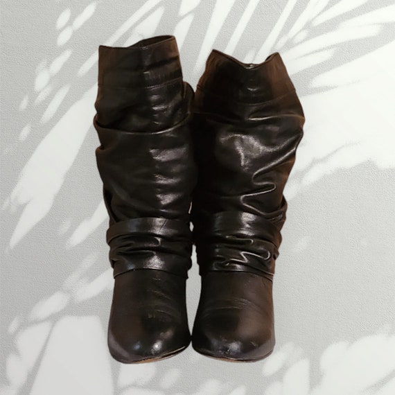 Women Vintage Leather Black Slouch Boots Size 5.5… - image 3