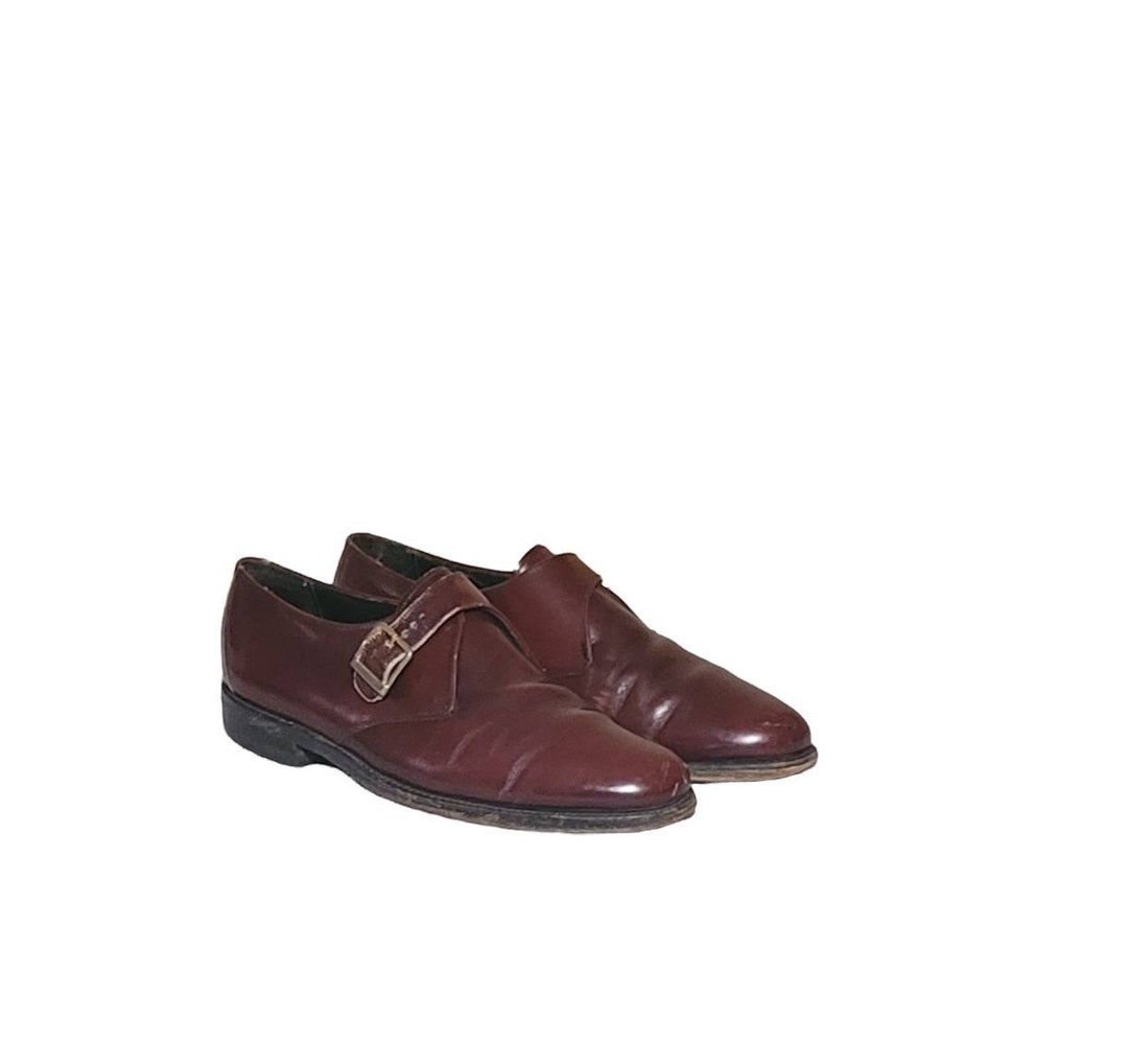 Vintage Florsheim Burgundy Leather Monk Strap Shoes, Men display picture 1