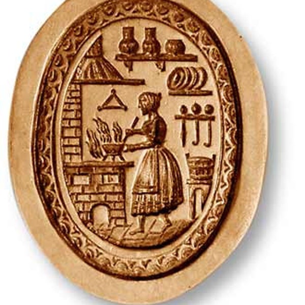 Woman Cooking at Brick Kitchen Stove Springerle Cookie Mold Anis-Paradies