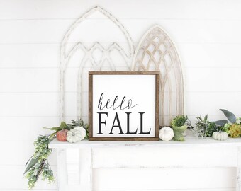 Hello fall farmhouse style wood sign/ above the mantle sign / halloween sign / fall hom decor / rustic sign / welcome fall / happy fall