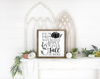 Fall is here wood farmhouse style sign/ autumn / halloween sign / hayrides apple cider pumpkin sign / home decor / rustic