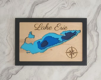 Mapa de profundidad del lago Erie Arte de pared en capas, decoración de la pared de los Grandes Lagos, decoración del mapa de profundidad de los Grandes Lagos