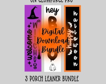 Può includere: Un pacchetto di download digitale per decorazioni per portici di Halloween. Il design include le parole "Welcome Witches", "Hey Boo" e "Happy Halloween" in formato verticale. Il design è realizzato per decorazioni di 122x30cm.