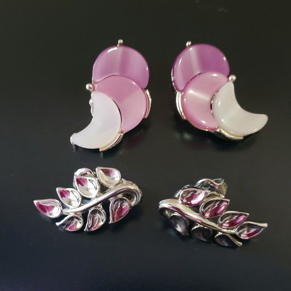 Vintage  Lisner Lucite  Clip Earrings .Lisner Silver ton Pink  Lilac  Clip Earrings .Vintage Crown Trifary Leaf  Clip Earrings .Choose One