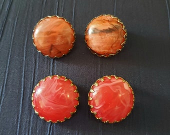 Vintage Chunky Clip Earrings .Vintage Marble Lucite  Clip on Earrings .Red Plastic Circle Clip Earrings .Orange Lucite Clip earrings