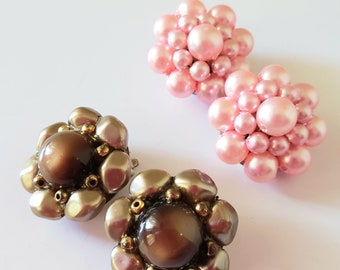 Vintage Chunky Clip Earrings . Large  Moonglow Clip Earrings .Pink Faux Pearl Clip Earrings. Vintage Brown Clip Earrings