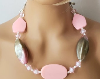 Pink necklace Large necklace Vintage jewelry Plastic necklace Gray necklace Silver ton necklace Beaded necklace