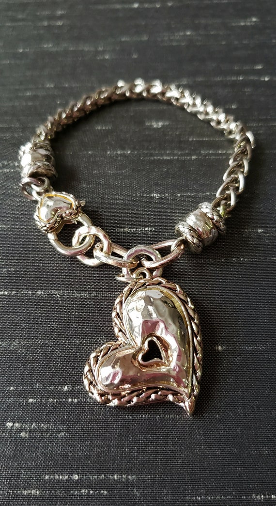 Vintage Chunky Heart  Chain Bracelet. Silver ton … - image 10