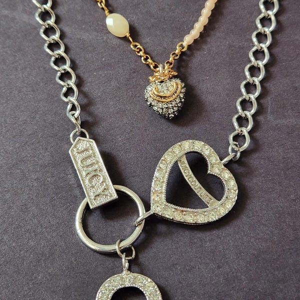Vintage Juicy Couture Charm Necklace: Pink Quartz Heart, Silver Lady Juicy