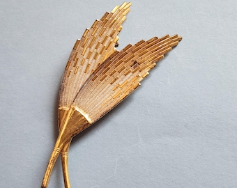 Vintage Miriam Haskell Leaf Brooch: 24k Gold Plated Double Leaf