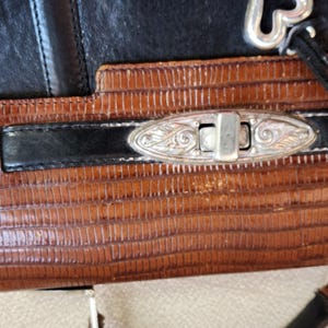 May include: Close-up of a brown leather purse with a silver clasp and black leather trim. The purse has a textured, embossed pattern.