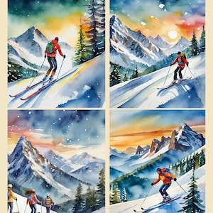 Lot de 24 cartes vierges aquarelles sur le ski/snowboard