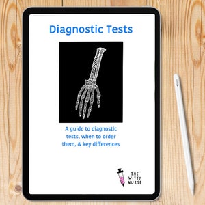 May include: A digital tablet displaying a guide to diagnostic tests, with the title "Diagnostic Tests" and an illustration of a hand skeleton. The text below the title reads "A guide to diagnostic tests, when to order them, & key differences". The bottom of the tablet shows a logo with the text "THE WITTY NURSE" and an illustration of a syringe.