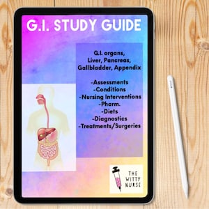 Puede incluir: Una guía de estudio digital para el sistema gastrointestinal, con una ilustración del sistema digestivo y una lista de temas que incluyen órganos, afecciones, intervenciones de enfermería, medicamentos, dietas, diagnósticos y tratamientos. La guía se titula "G.I. STUDY GUIDE" e incluye el logotipo "THE WITTY NURSE".