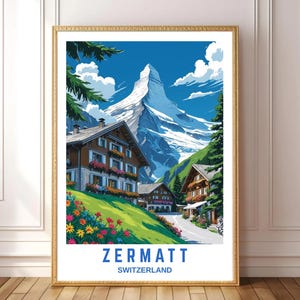 Zermatt Switzerland Travel Poster | Printable Wall Art of Matterhorn Mountain | Alpine Chalet Landscape Illustration | Digital Download
