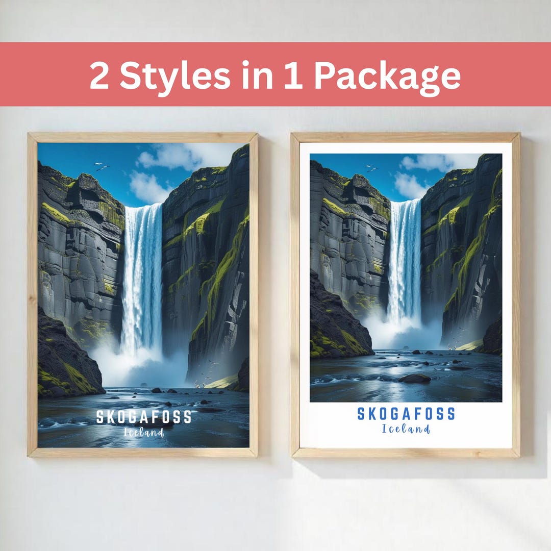 Skogafoss Waterfall Wall Art Set of 2 | Iceland Travel Poster Printable ...