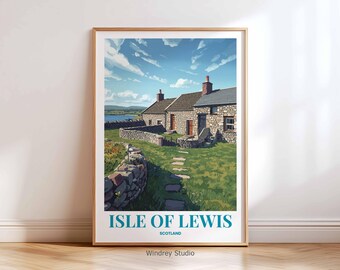 Isle of Lewis Scotland Travel Wall Art Print – Scottish Cottage Travel Poster, Stone House Landscape, UK Vintage Travel Wall Decor