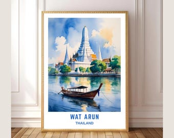 Wat Arun Temple Bangkok Wall Art Print, Thailand Travel Poster, Watercolor Buddhist Temple Painting, Asian Home Decor, Digital Download