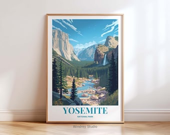 Yosemite National Park Wall Art Print, Yosemite Travel Poster, National Park Adventure Travel Gift, Mountain Waterfall Yosemite Artwork