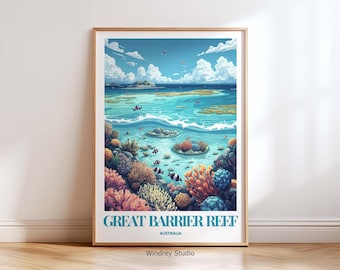 Great Barrier Reef Wall Art Print – Australië reisposter, Ocean Coral Reef Artwork, kust nautisch decor, cadeau voor reiziger