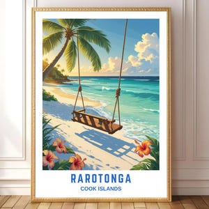 Tropical Beach Swing Rarotonga Wall Art – Vintage Travel Poster, Coastal Ocean Print, Island Paradise Decor