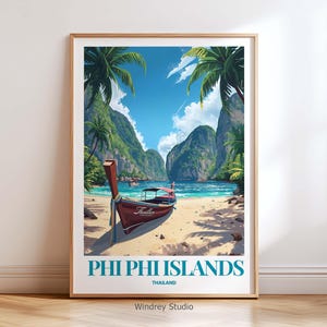 Wyspa Phi Phi w Tajlandii, wydruk ścienny, plakat podróżniczy z wyspą Phi Phi, wydruk tropikalnej plaży, grafika z wyspy Phi Phi w Tajlandii na prezent podróżniczy