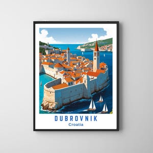 Impresión artística de Dubrovnik, Croacia: póster de viaje vintage, descarga digital, arquitectura del casco antiguo, decoración de paisajes costeros europeos